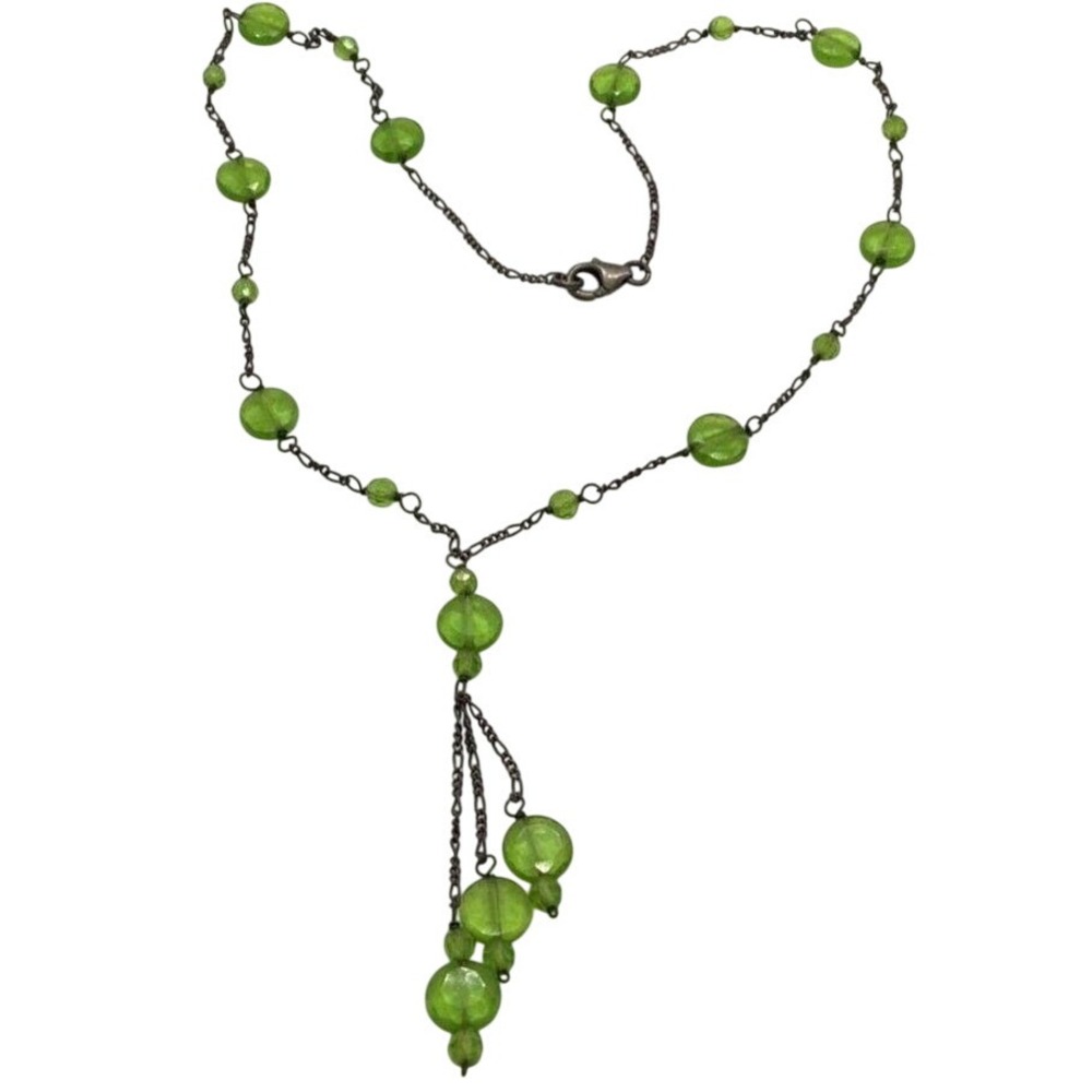Vintage Green Glass Beaded‎ Pendant 18'' Necklace Sterling 925 Silver 8g Patina